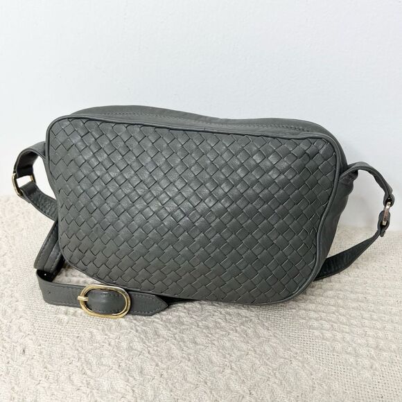 Vintage Ganson Woven Leather Crossbody Bag Grey Small Purse - Picture 1 of 8